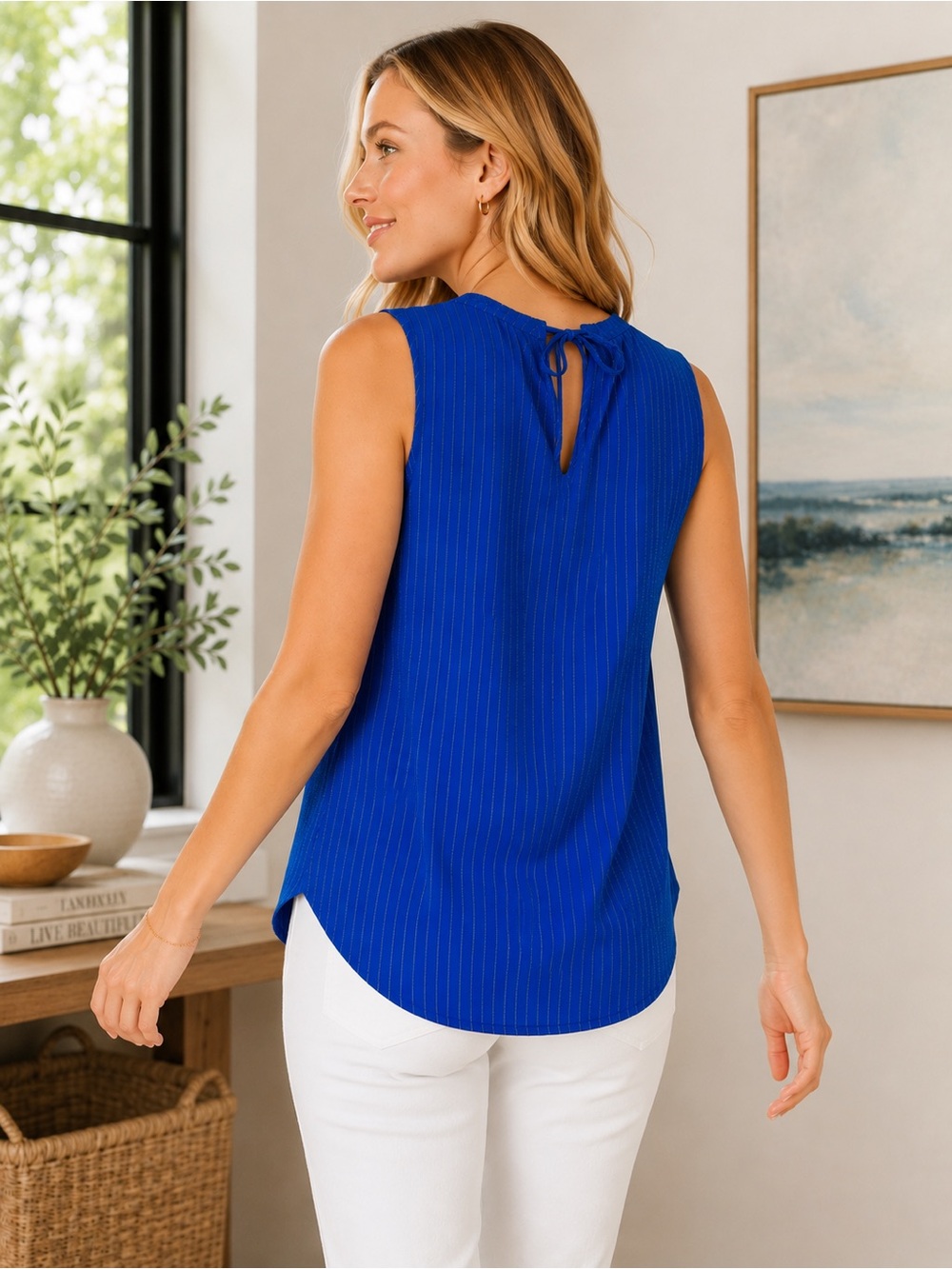 LOFT Outlet Blue Pinstripe Sleeveless Blouse Medium Tie Back Top - Picture 12 of 12